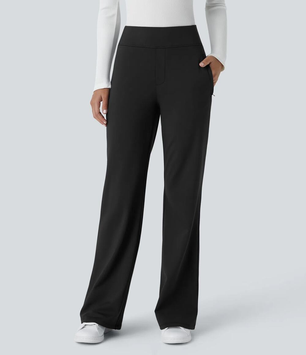 Halara Flex Day Stretch Mid Rise Side Zipper Pocket Work Flare Pants Black L